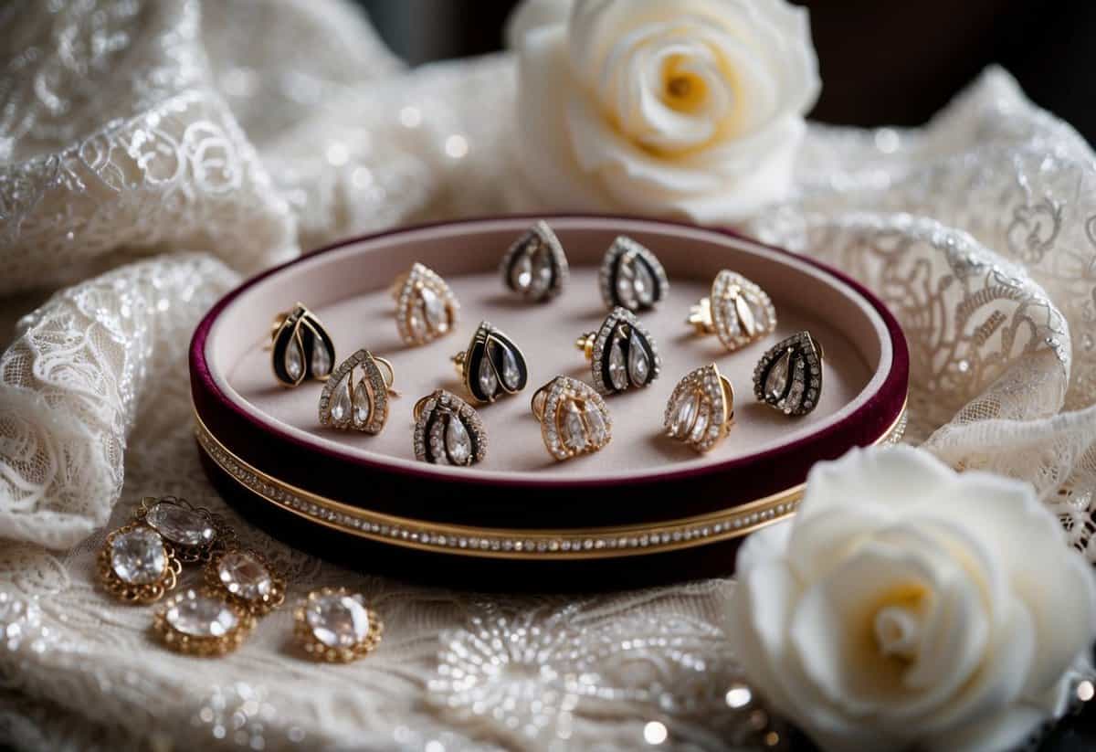 A luxurious display of elegant clip-on earrings arranged on a velvet-lined tray, surrounded by delicate lace and shimmering fabric