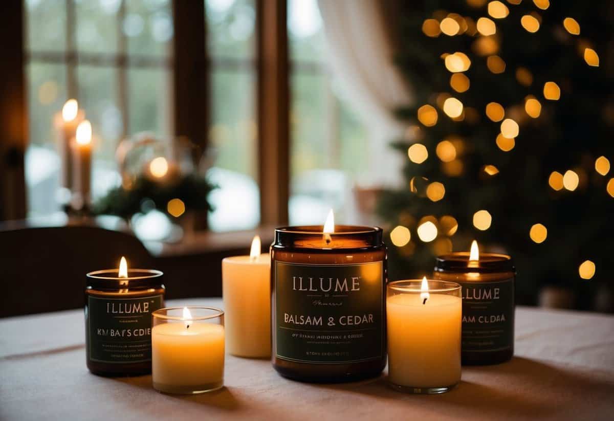 A cozy wedding scene with soft lighting from Illume Balsam & Cedar Candles, creating a warm and inviting atmosphere