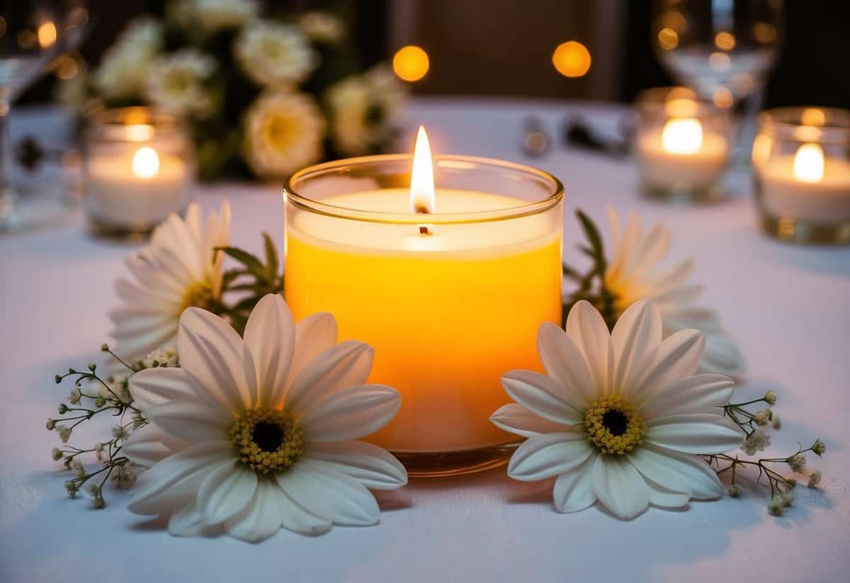 A glowing scented candle surrounded by delicate white flowers and wedding decor