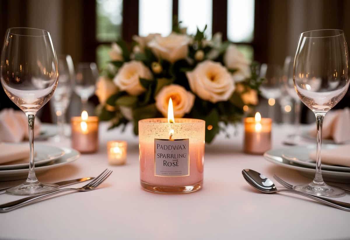 A romantic wedding setting with a glowing Paddywax Sparkling Rosé Candle as the centerpiece