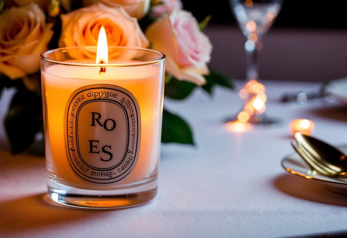 A glowing Diptyque Roses Candle illuminates a romantic wedding setting with its delicate floral scent