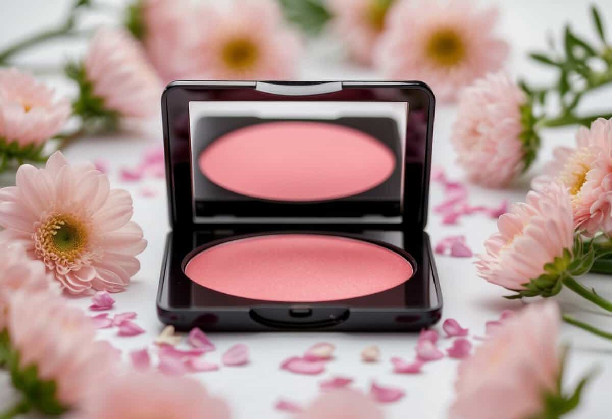 Soft pink blush on a makeup palette surrounded by delicate flowers