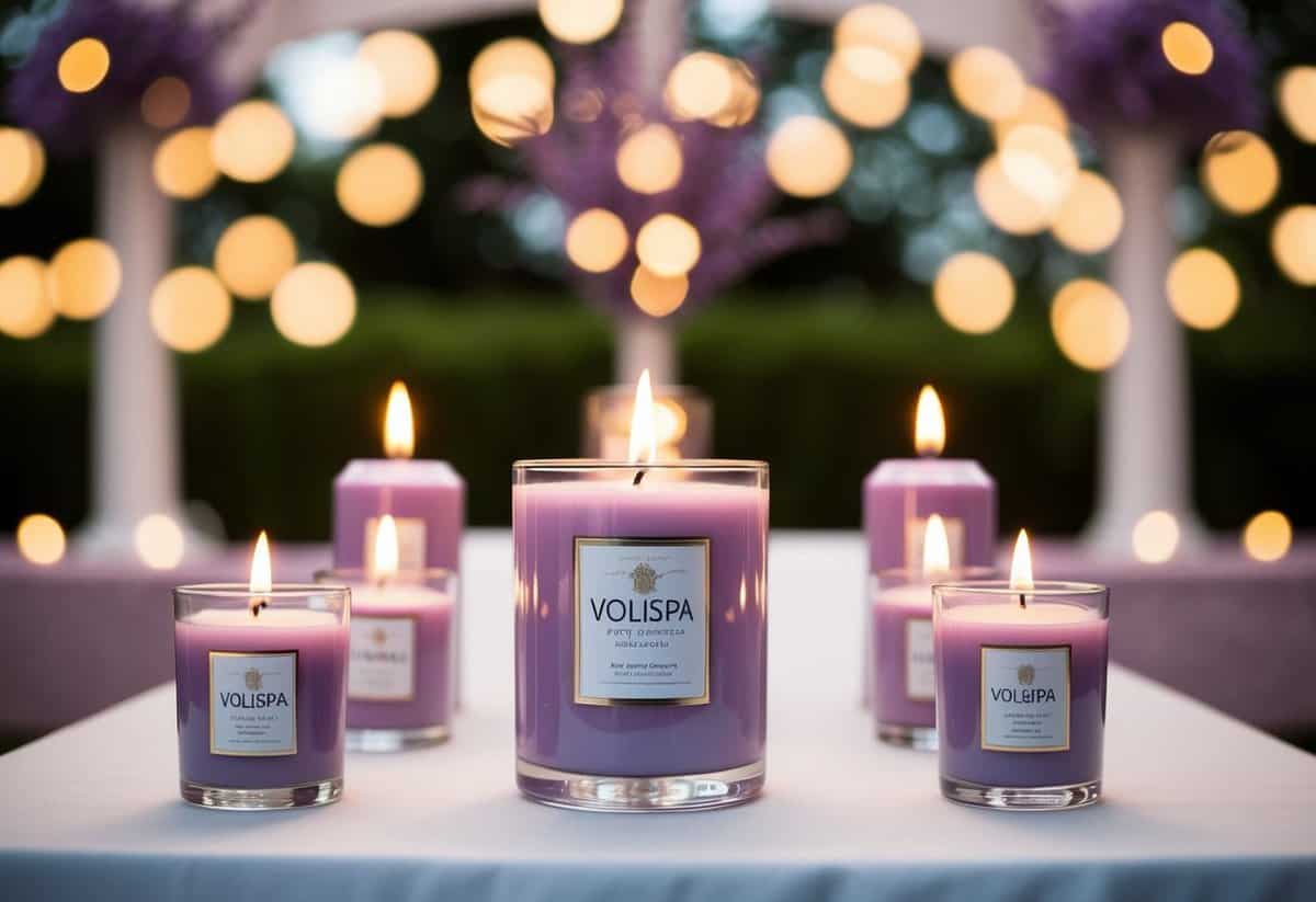 A serene wedding altar with Voluspa French Cade Lavender candles casting a warm, romantic glow