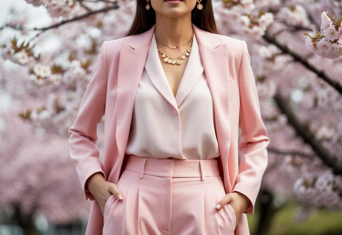 A pastel pink blazer paired with a matching blouse and trousers, accessorized with delicate gold jewelry, set against a backdrop of blooming cherry blossoms