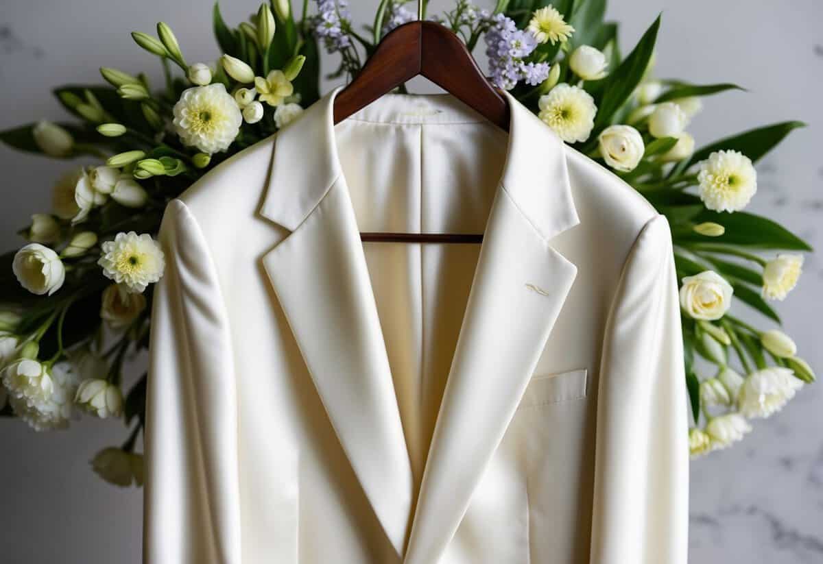 An ivory silk suit hanging on a wooden hanger, surrounded by fresh spring flowers and soft natural lighting