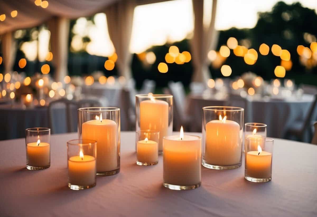 A romantic wedding setting with elegant candles casting a warm, flickering glow