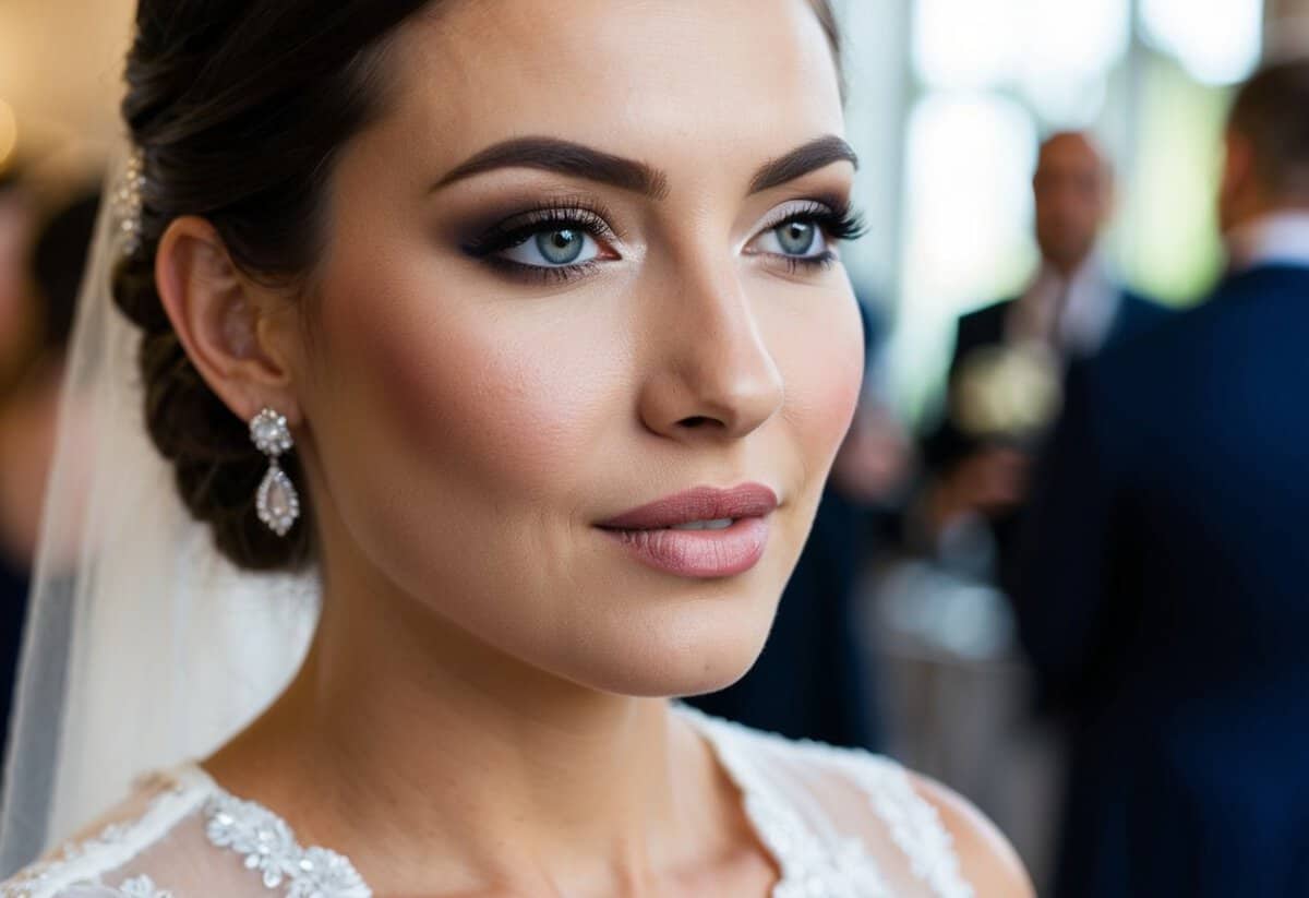 A close-up of a wedding guest's face with flawless matte finish makeup, highlighting the eyes, lips, and complexion