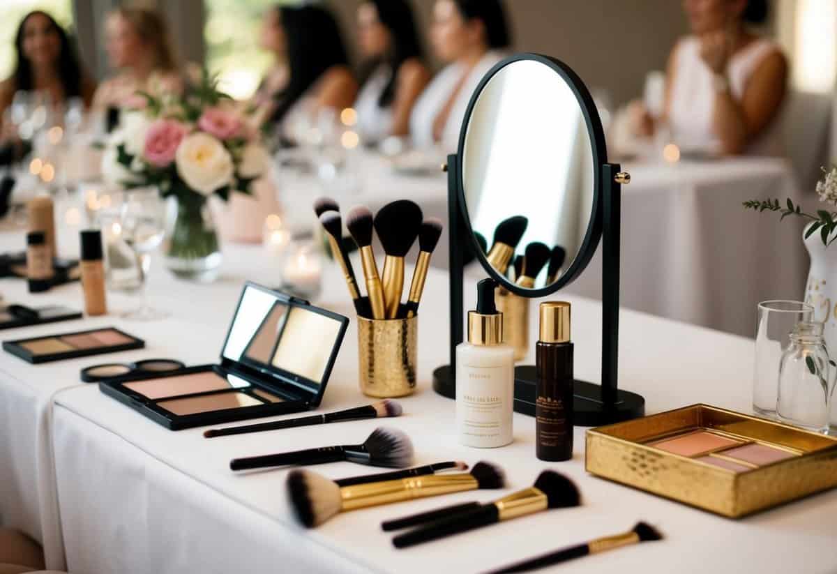 A table with skincare products, makeup brushes, and a mirror set up for wedding guest makeup prep