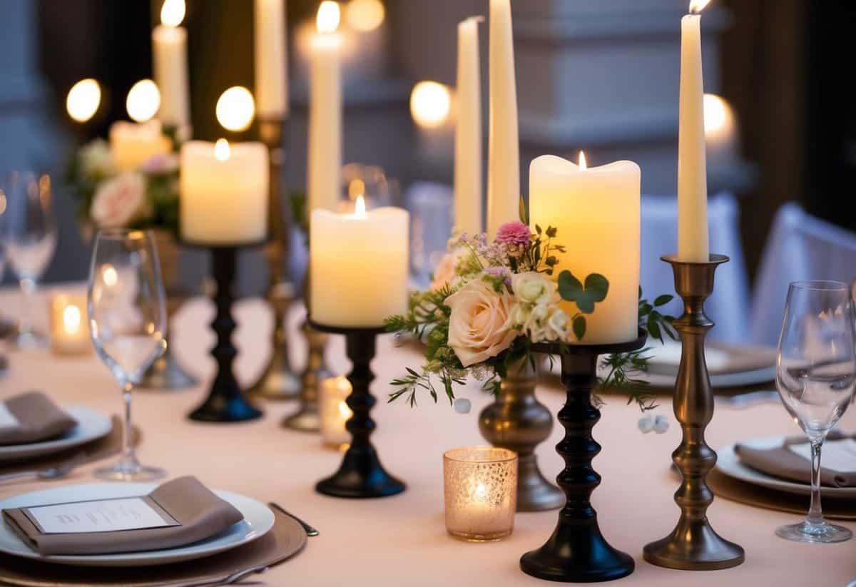 A table set with elegant candle holders of varying heights, adorned with delicate floral arrangements and softly glowing candles