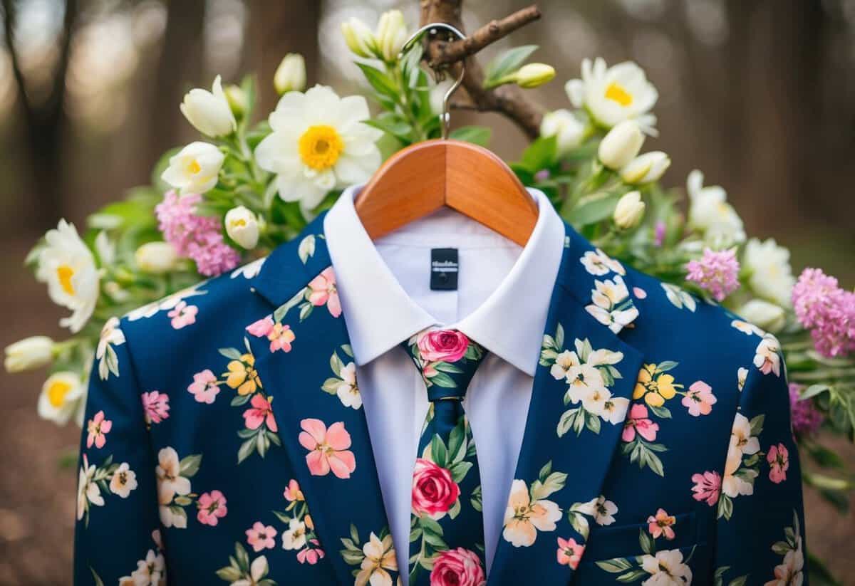 A floral print tie suit hanging on a wooden hanger, surrounded by fresh spring flowers