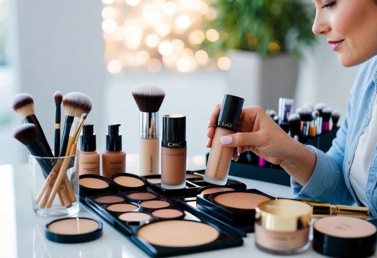 A makeup artist carefully selects the perfect foundation shade from an array of options, surrounded by brushes and cosmetic products on a clean, organized table