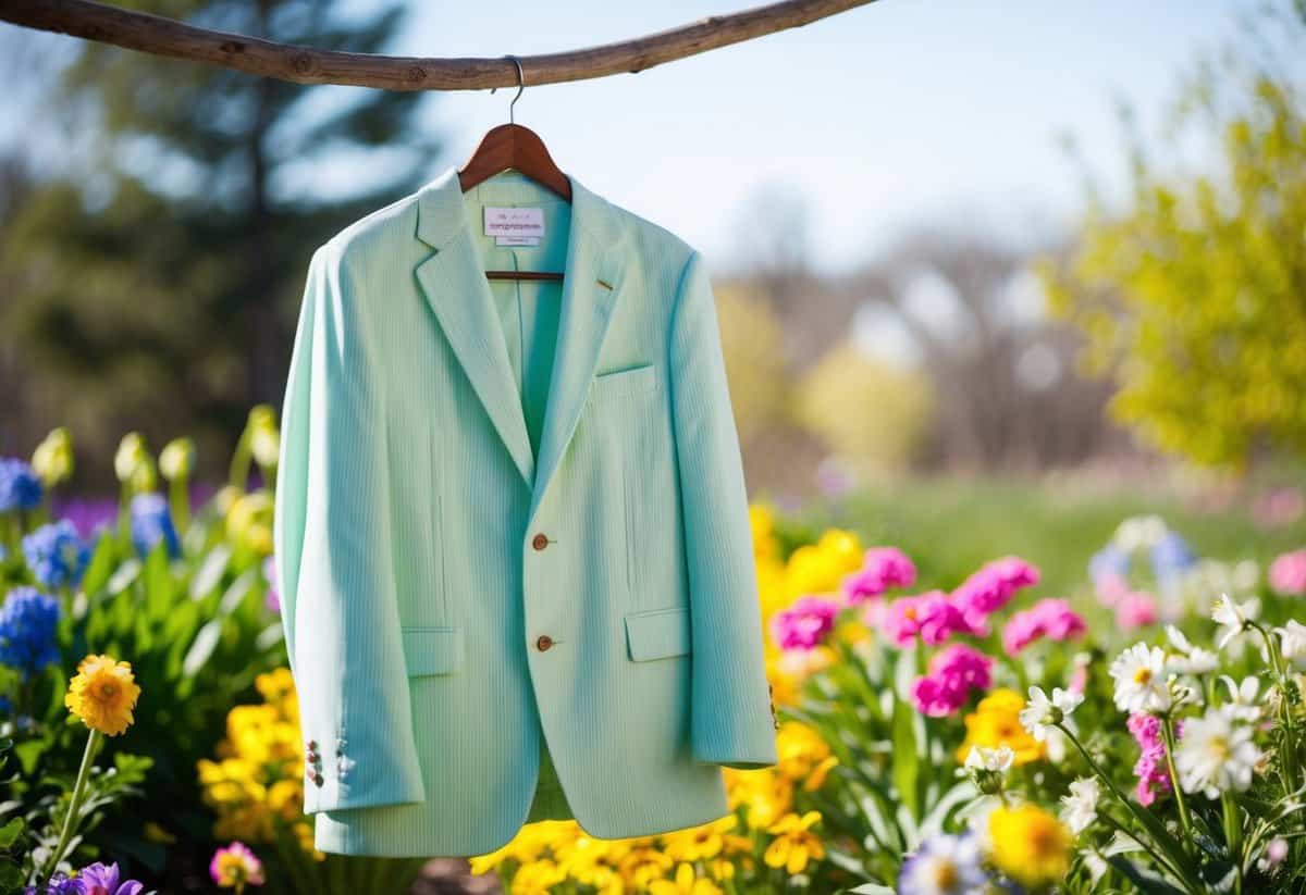 A mint green seersucker suit hangs on a wooden hanger, surrounded by colorful spring flowers and a sunny outdoor setting