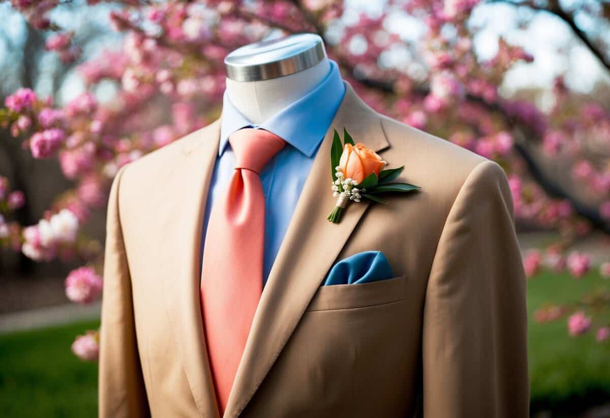 A tan suit with coral tie, pocket square, and boutonniere against a backdrop of blooming spring flowers