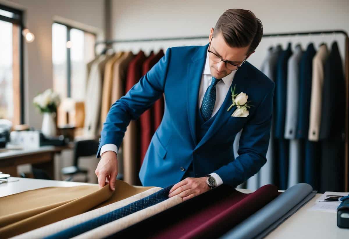 A tailor carefully selecting from a variety of luxurious fabrics for a spring wedding suit