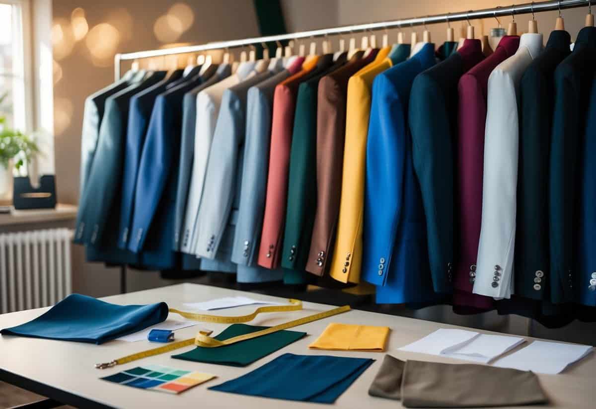 A tailor's studio with racks of suits in various colors and styles, with tape measures and fabric swatches scattered on a table