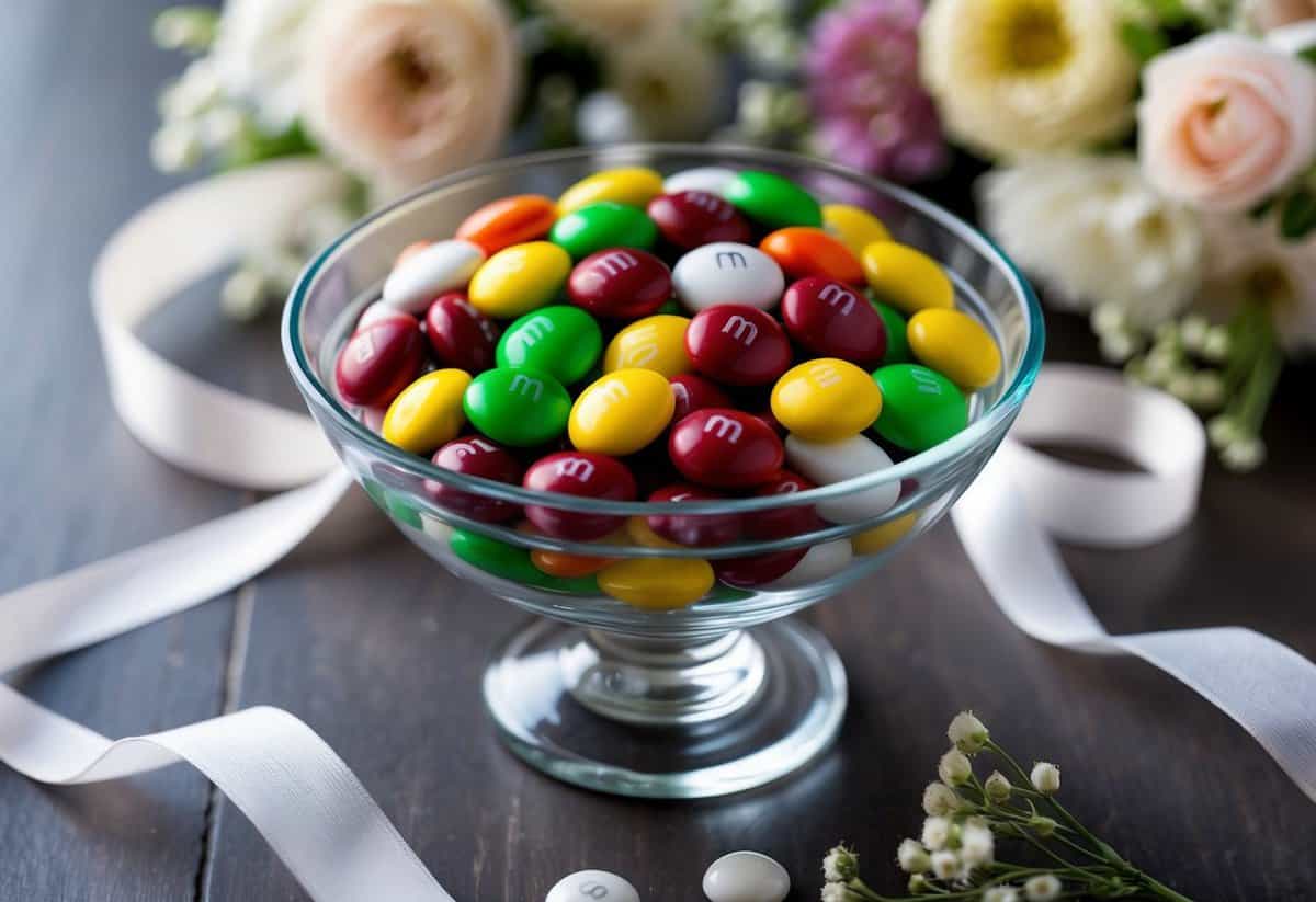 A glass bowl filled with personalized M&M's in wedding colors, surrounded by delicate ribbon and floral accents