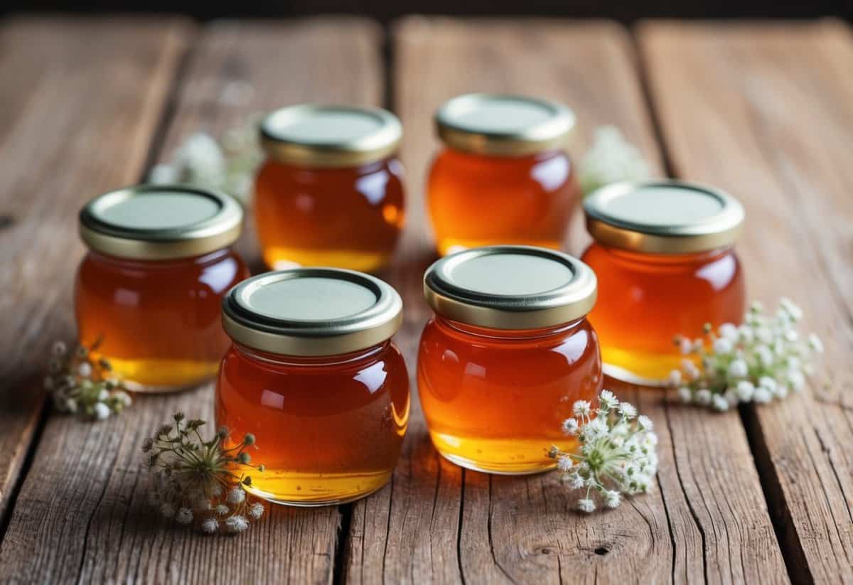 Mini honey jars arranged on a rustic wooden table with delicate floral accents