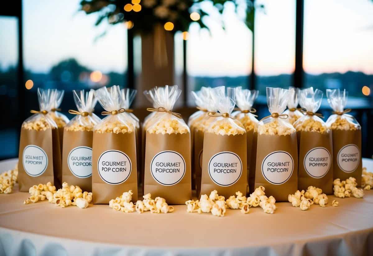 A table set with elegant gourmet popcorn bags, arranged as wedding favors