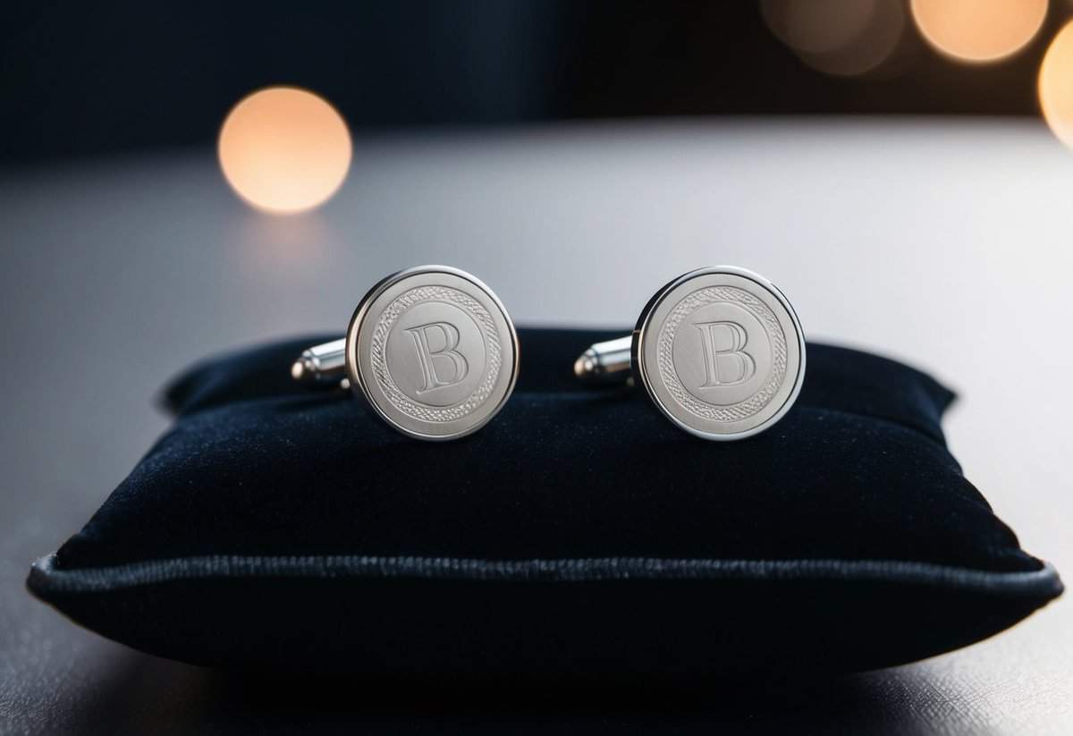 A pair of custom engraved cufflinks sits on a sleek black velvet cushion, catching the light and showcasing intricate details