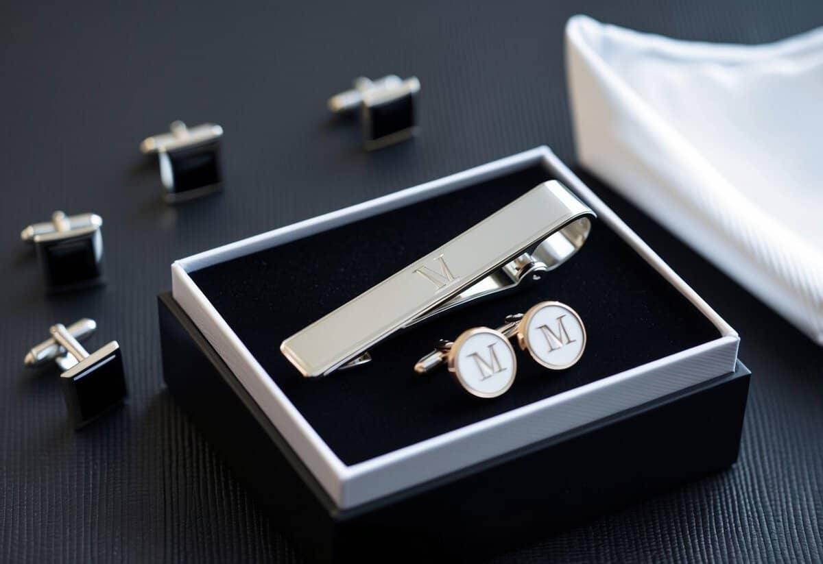 A shiny monogrammed tie clip resting on a sleek black velvet box, surrounded by elegant cufflinks and a crisp white pocket square