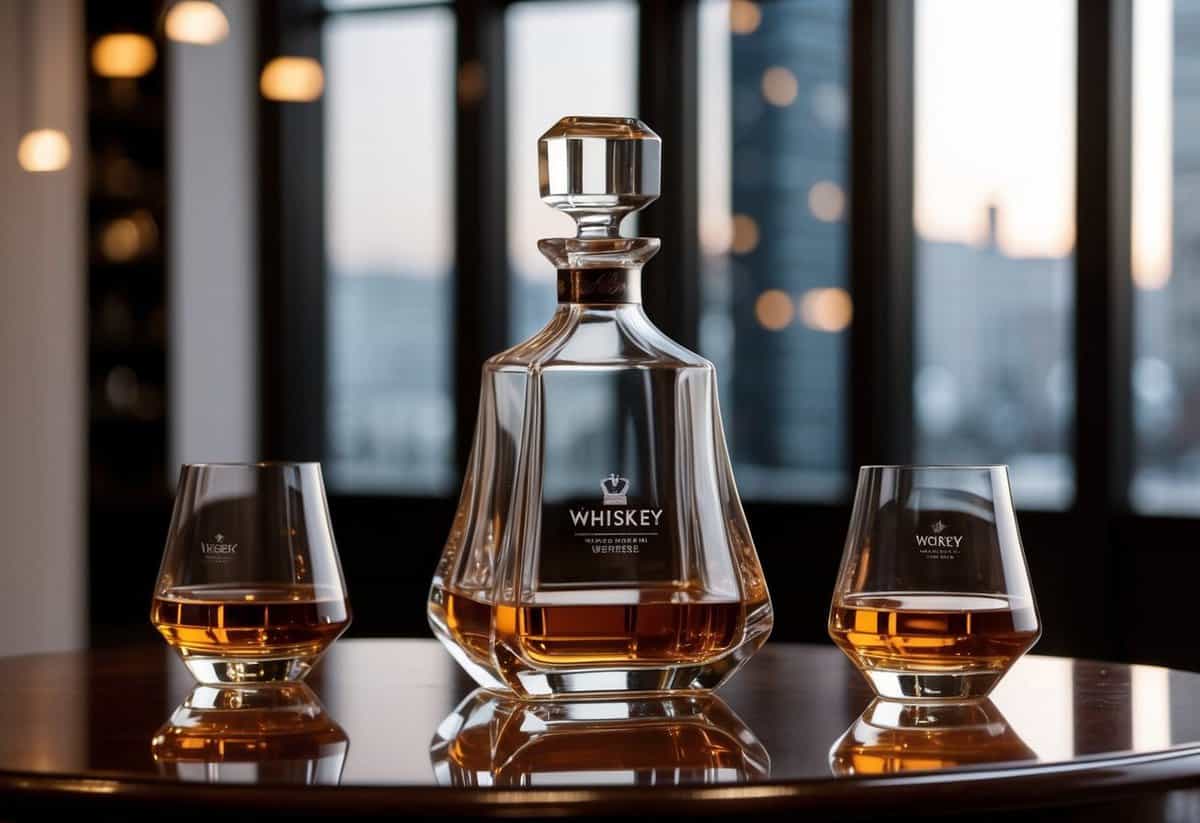 A sleek, crystal whiskey decanter set displayed on a polished wooden table, with two matching glasses and a bottle of premium whiskey