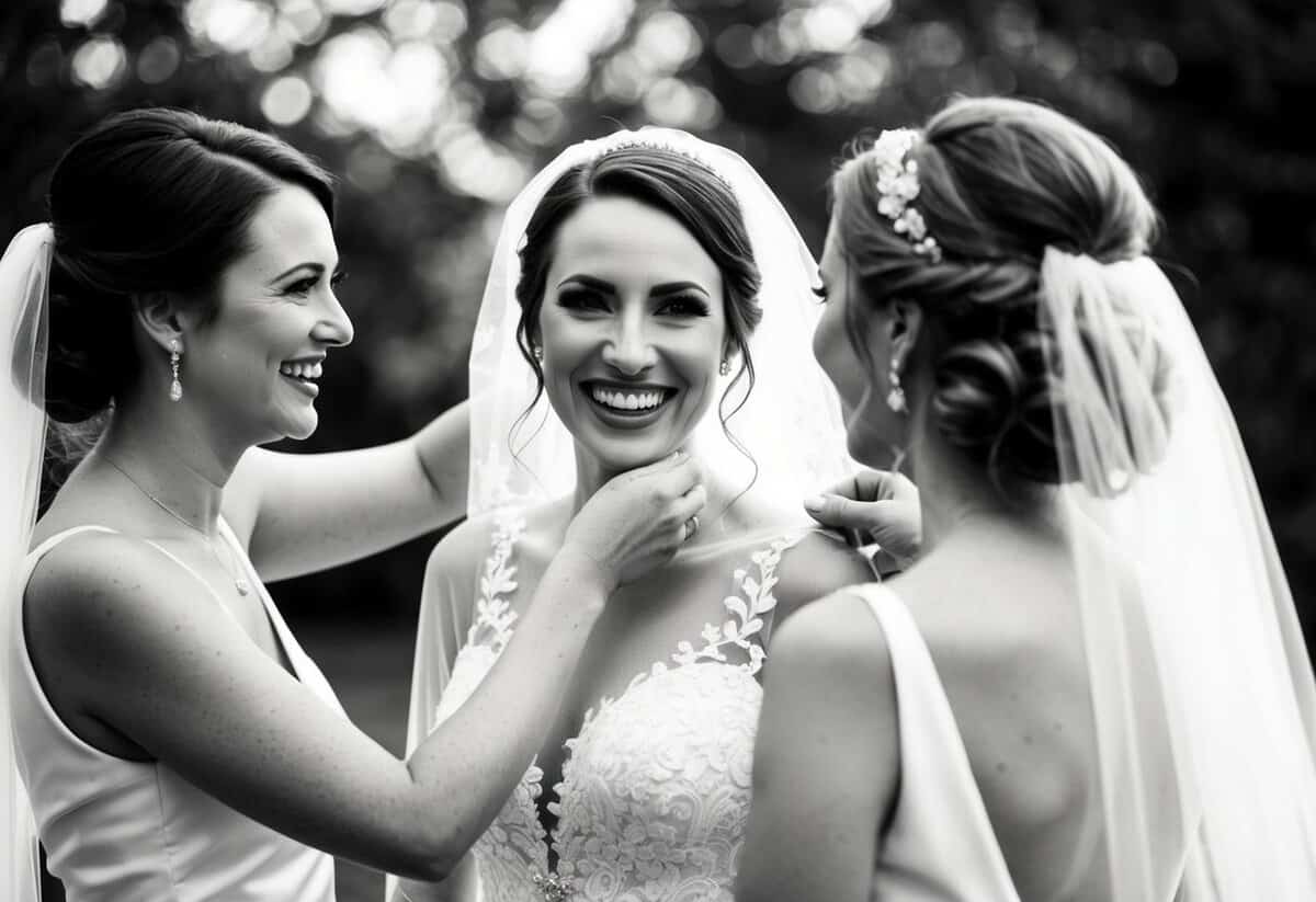 A beaming bridesmaid adjusts the bride's veil, both smiling