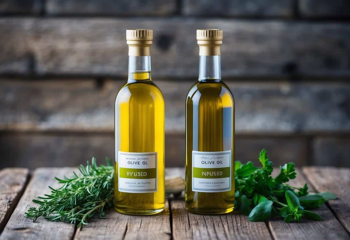 Two elegant glass bottles of infused olive oil displayed on a rustic wooden table with fresh herbs and decorative labels