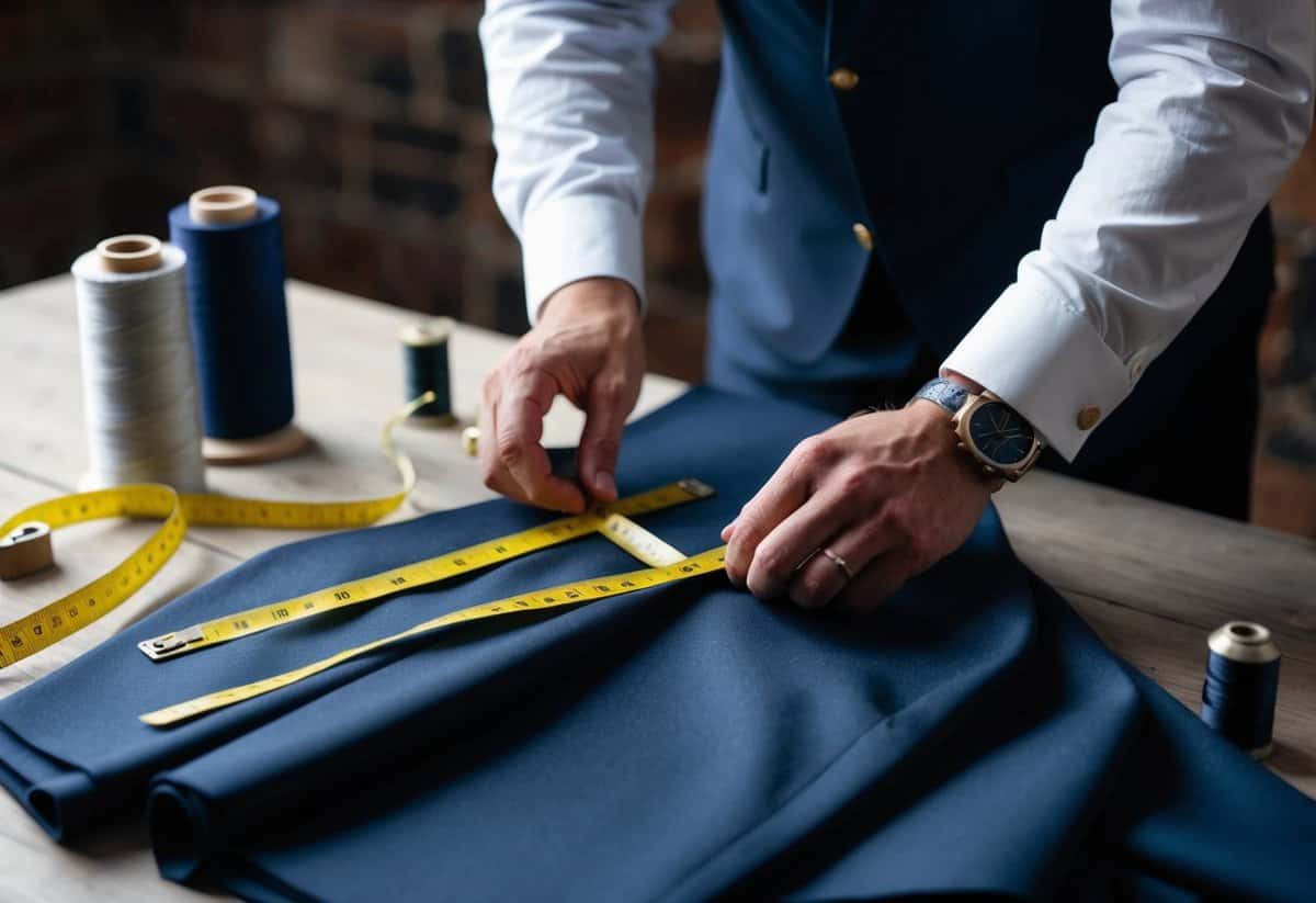 A tailor carefully measures and cuts fine fabric for a bespoke suit, surrounded by spools of thread and a tape measure