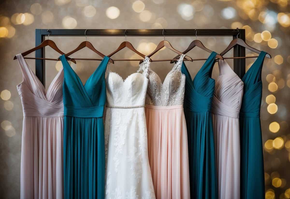 A group of bridesmaid dresses hanging close together, symbolizing support and unity