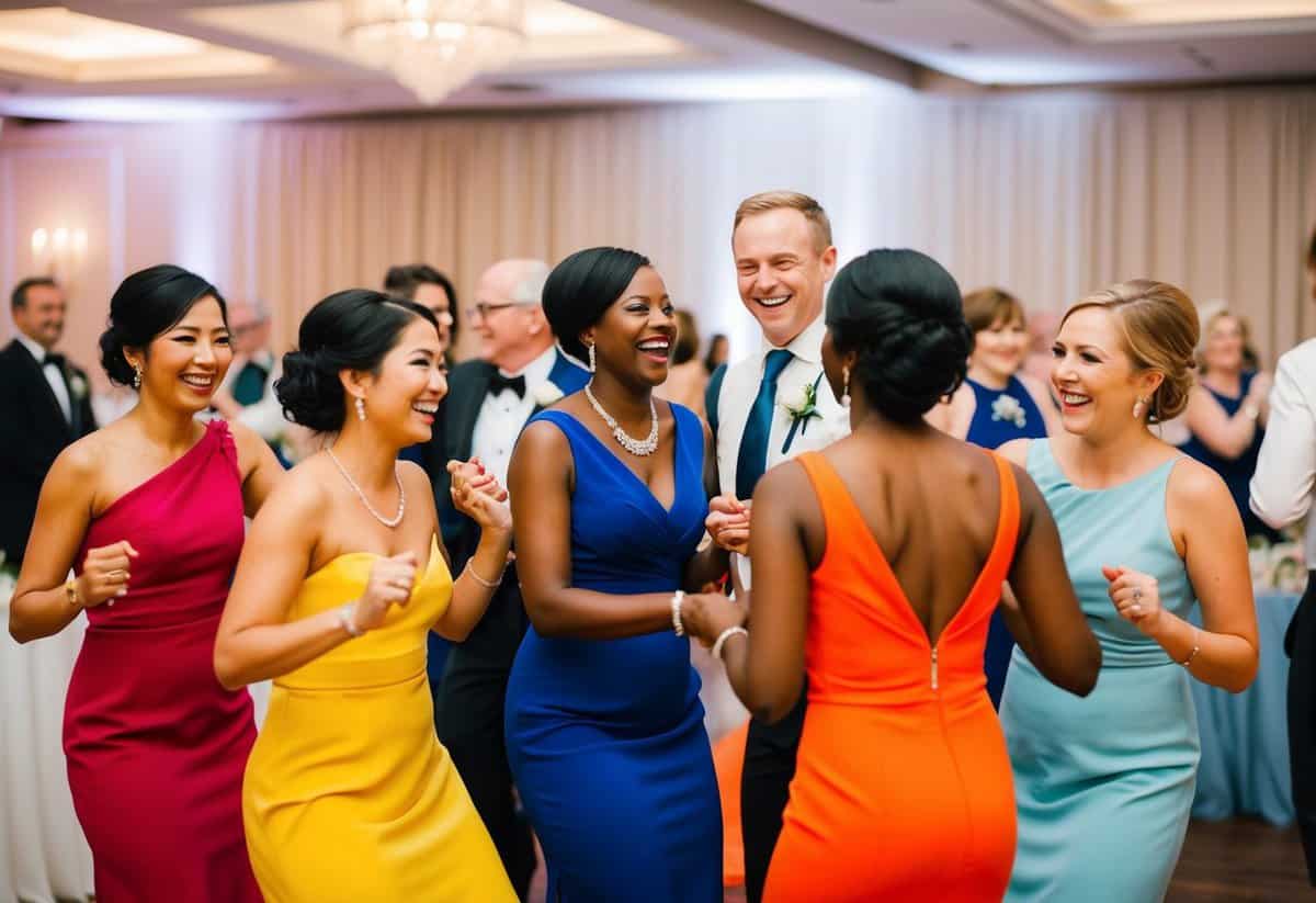 A group of colorful, elegantly dressed figures dancing and laughing at a wedding reception