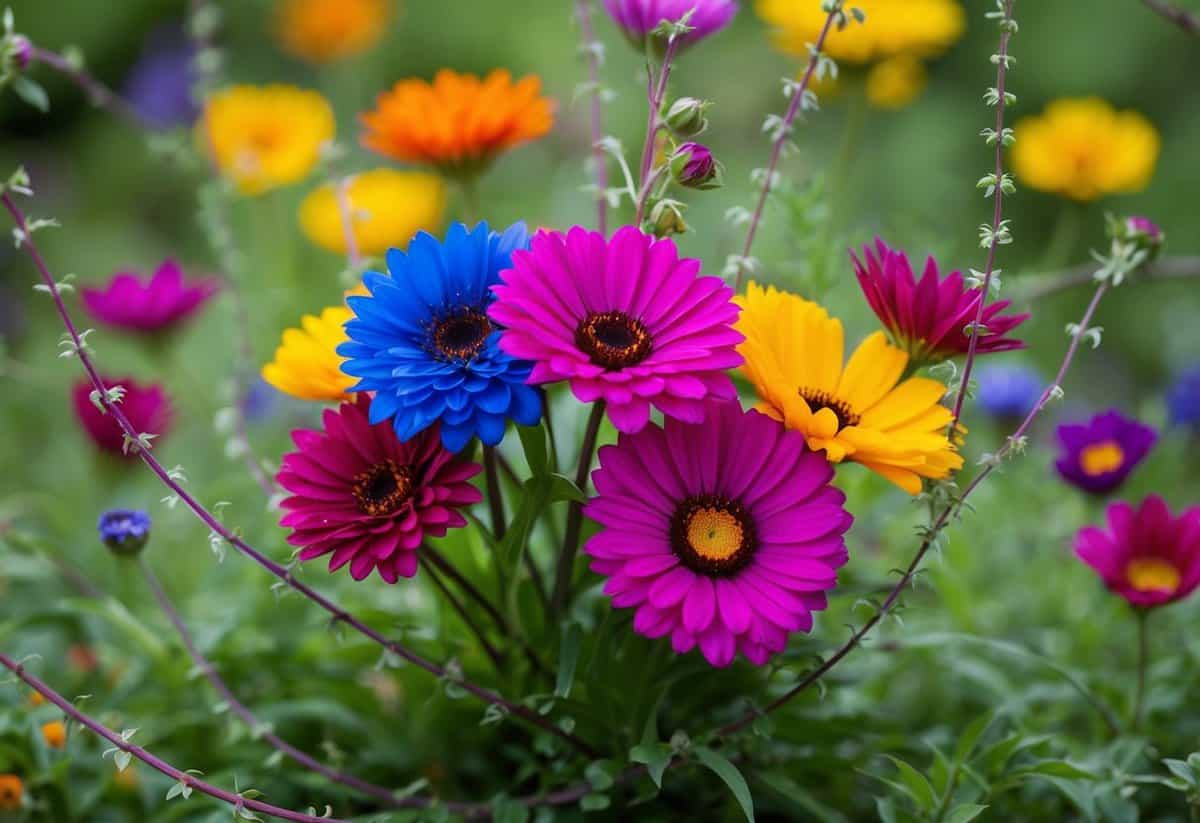 A group of colorful flowers intertwined with delicate vines, symbolizing the intricate and beautiful bond of friendship