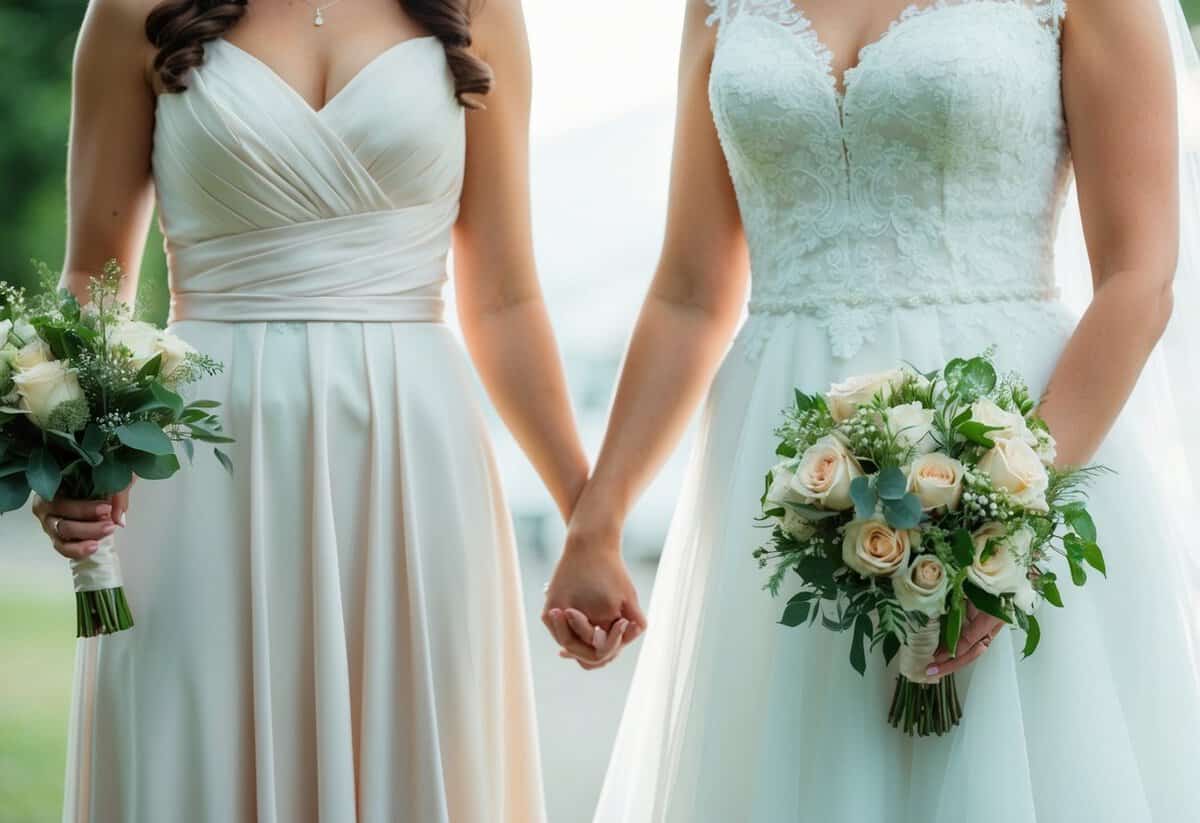 A bridesmaid standing beside a bride, both holding hands with a serene expression on their faces