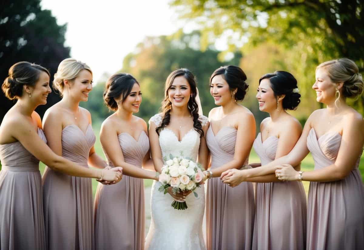 A group of bridesmaids standing together, smiling and holding hands in a circle, with a sense of love and unity