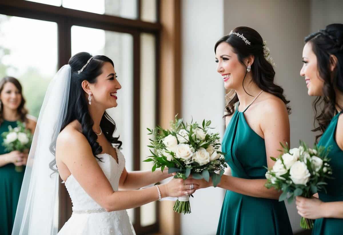 A bride handing a bouquet to her bridesmaid with a smile