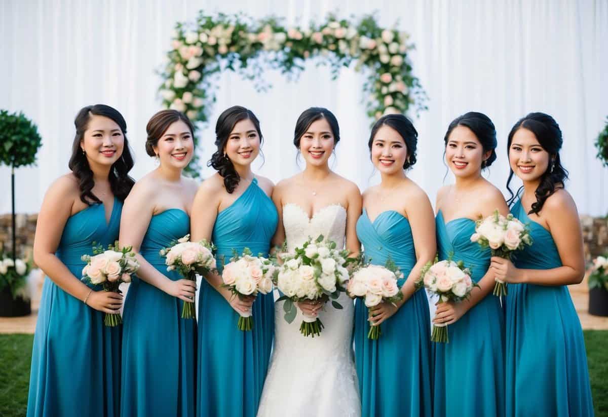 A group of bridesmaids standing together, holding bouquets and smiling, with a beautiful wedding backdrop behind them