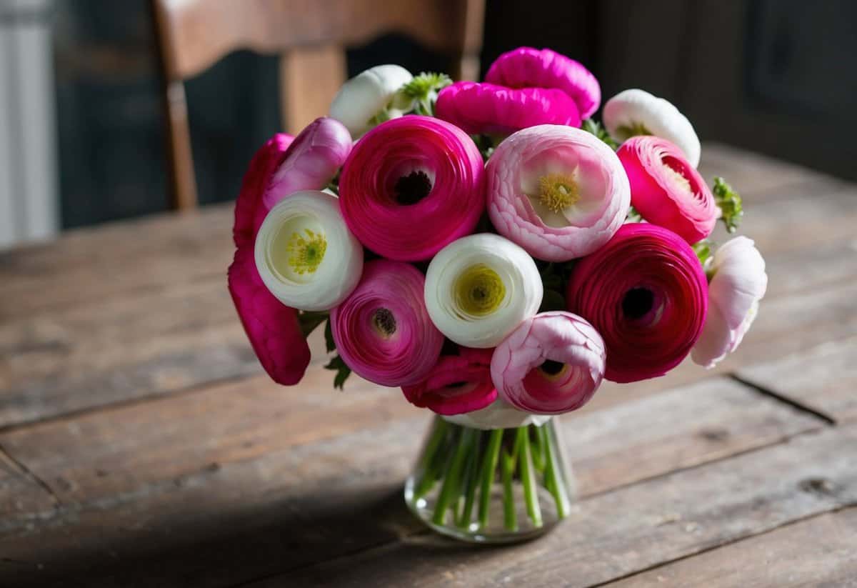 A vibrant bouquet of ranunculus in various shades of pink and white, arranged in a delicate vase on a rustic wooden table