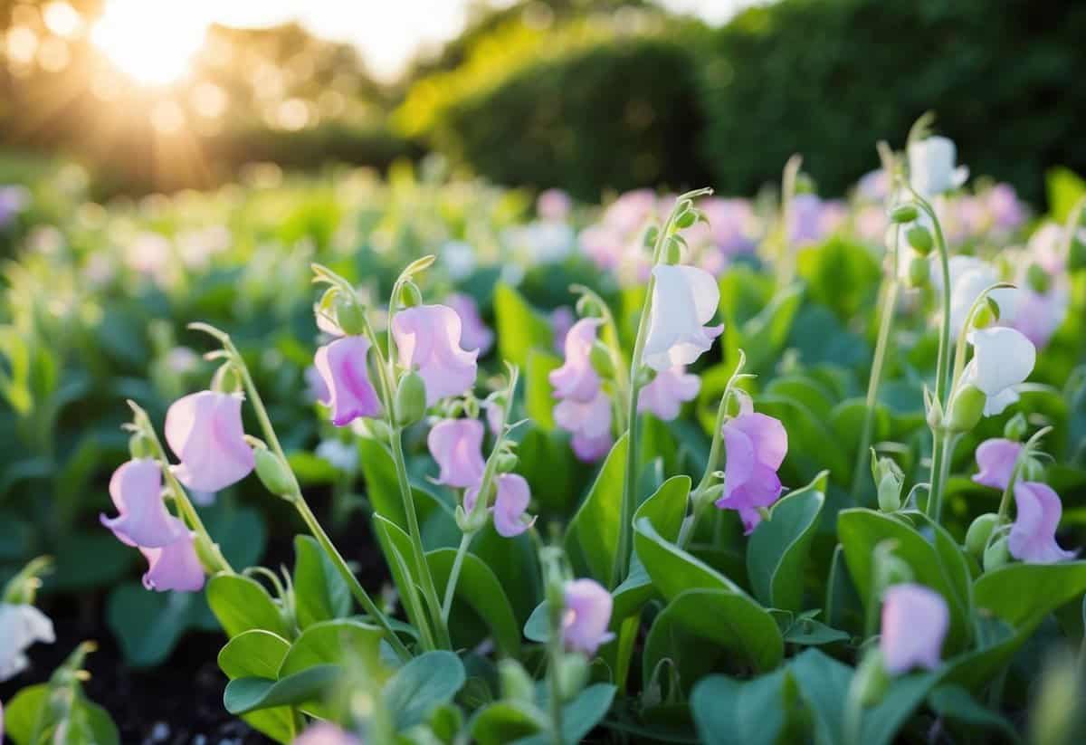 A lush garden filled with blooming sweet pea flowers, with a soft June sunlight casting a warm glow over the delicate petals