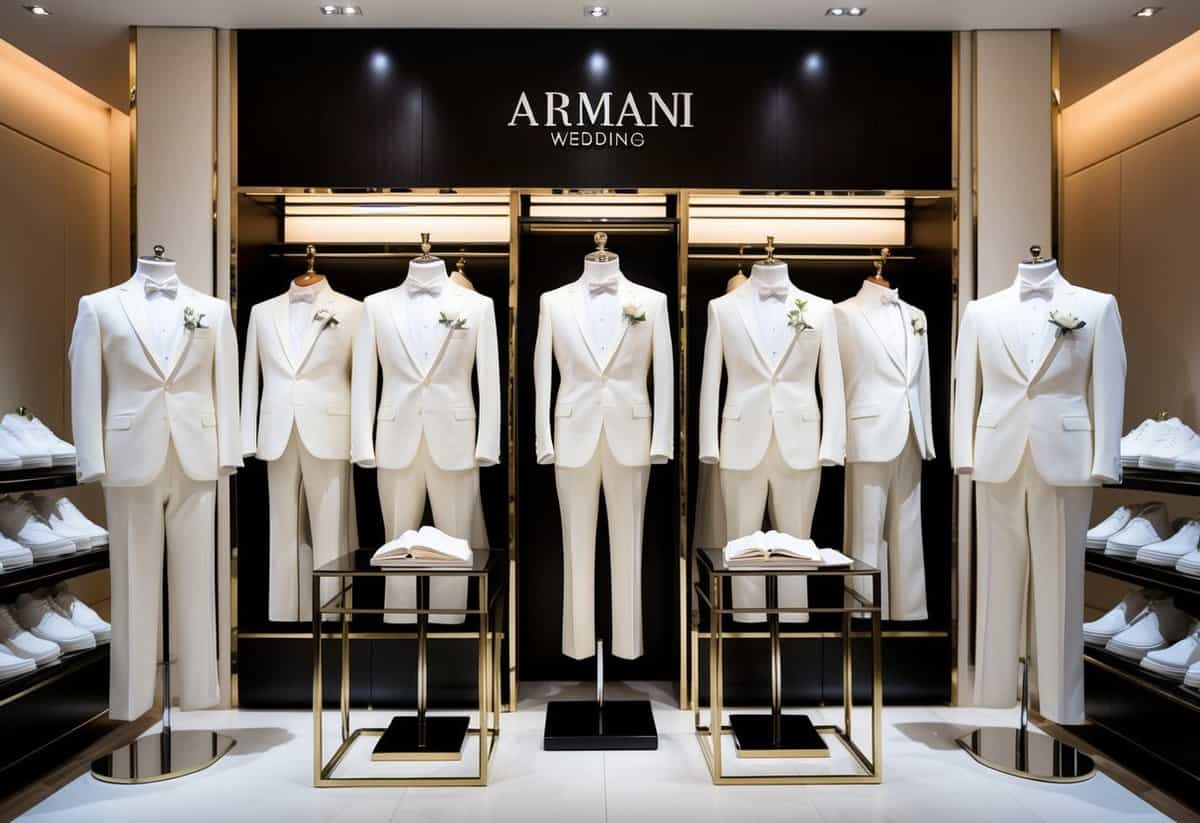 A sleek and luxurious display of Armani wedding tuxedos, arranged on elegant mannequins in a high-end boutique setting