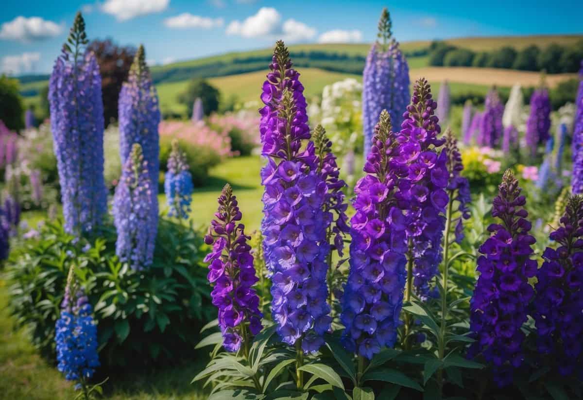 A lush garden filled with vibrant delphinium flowers, set against a backdrop of blue skies and rolling hills, creating a picturesque scene for a June wedding