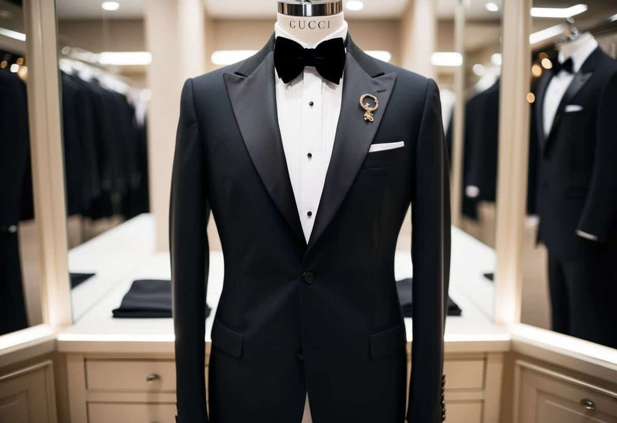 A sleek black Gucci tuxedo displayed on a tailor's mannequin with elegant details and luxurious fabric