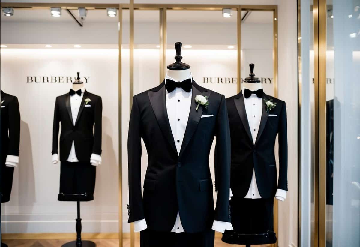 A display of Burberry wedding tuxedos on elegant mannequins