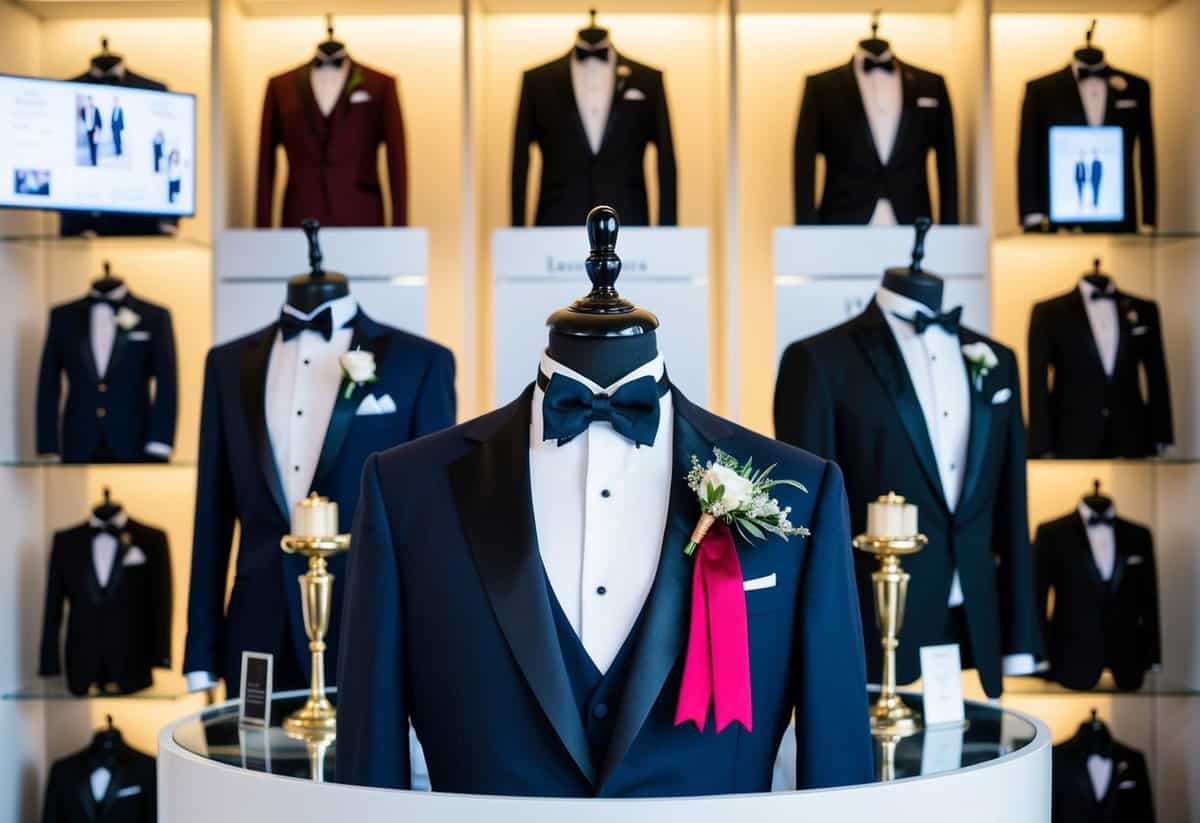 A display of top wedding tuxedo brands through the ages, from classic to modern styles