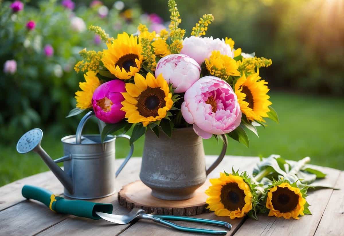 A vibrant bouquet of peonies, roses, and sunflowers arranged in a rustic vase, surrounded by gardening tools and a watering can on a wooden table