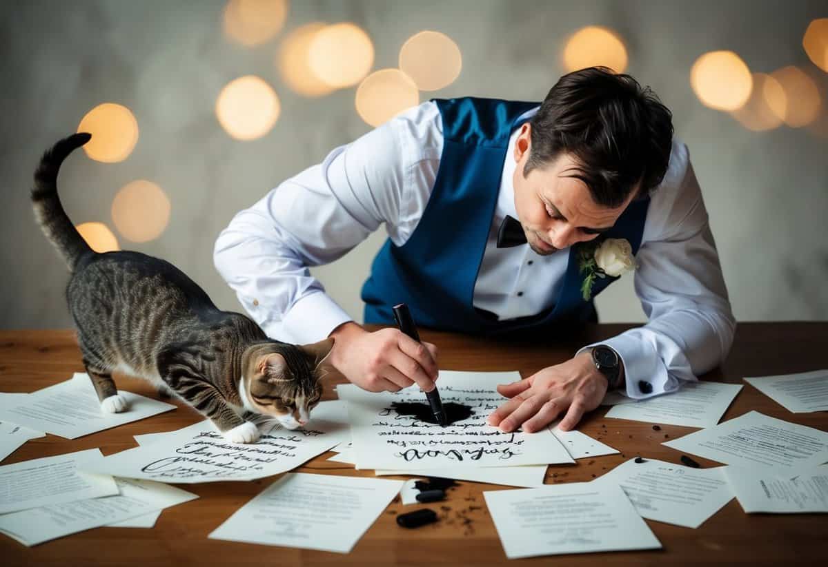 A clumsy groom spills ink on his meticulously written wedding vows, while a mischievous cat plays with the scattered papers