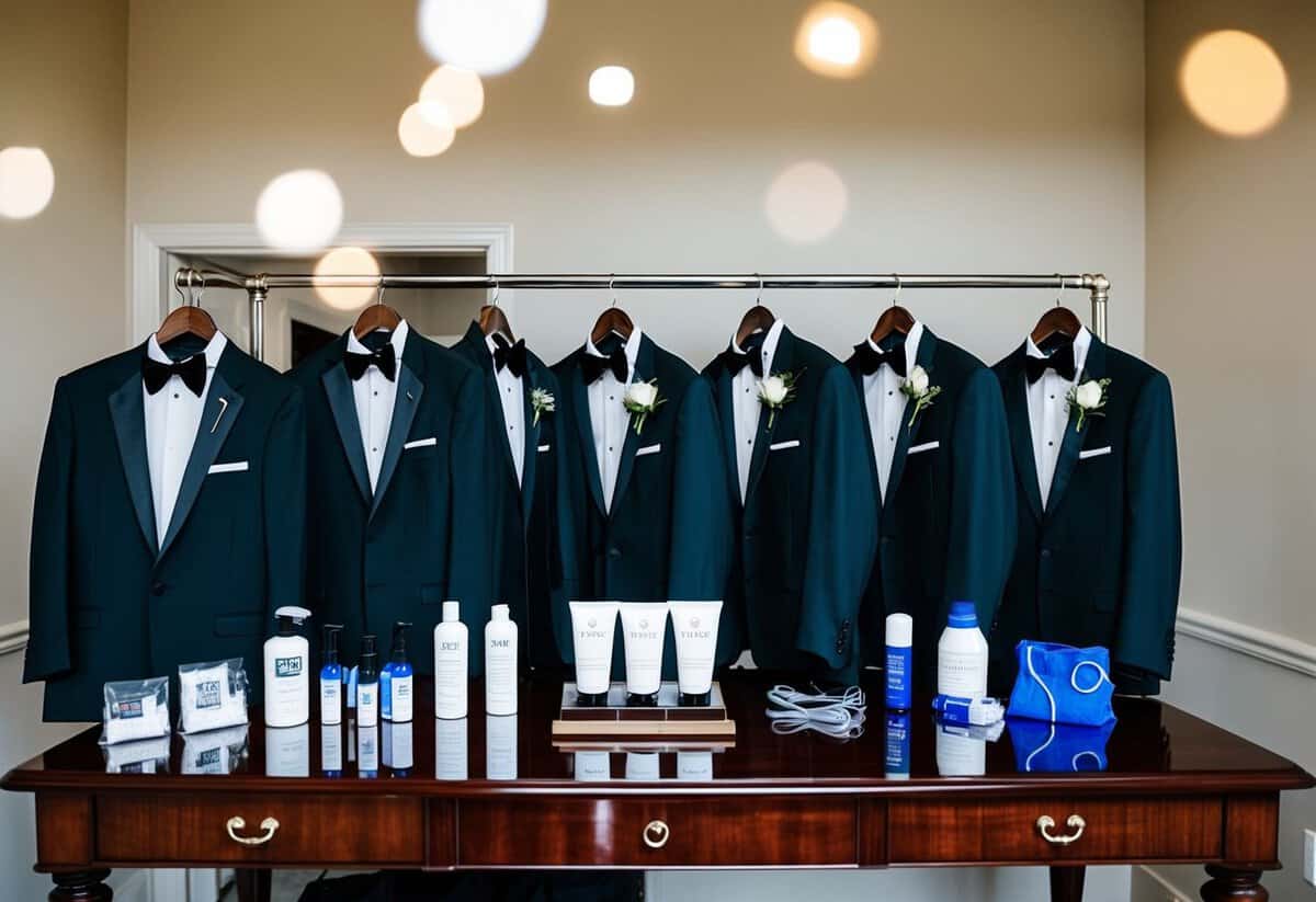 A well-organized display of wedding tuxedos with care products and maintenance tools neatly arranged on a polished wooden table