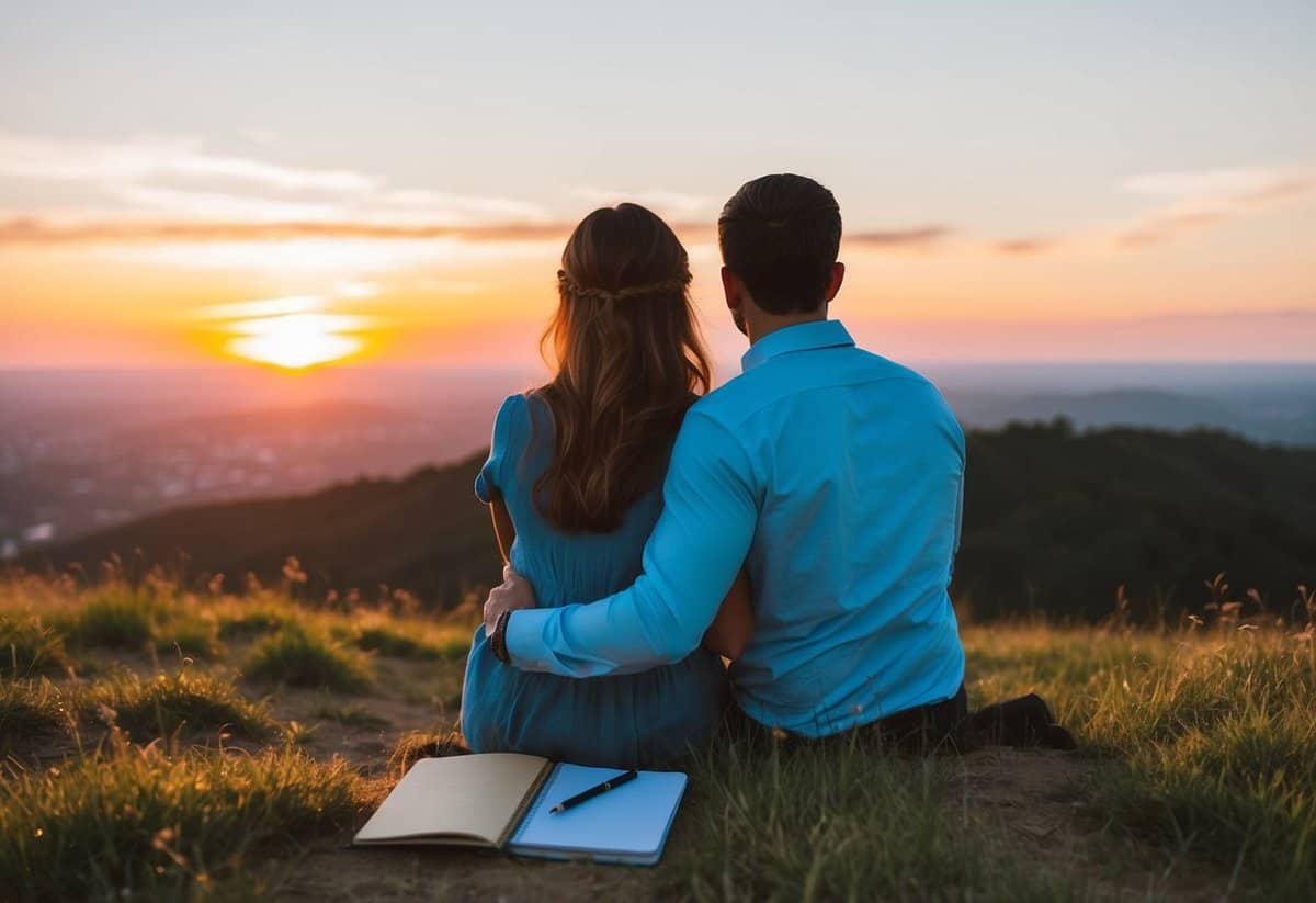 A couple sitting on a hill, overlooking a sunset. A notebook and pen are in front of them, as they discuss their future goals and how to write the best wedding vows