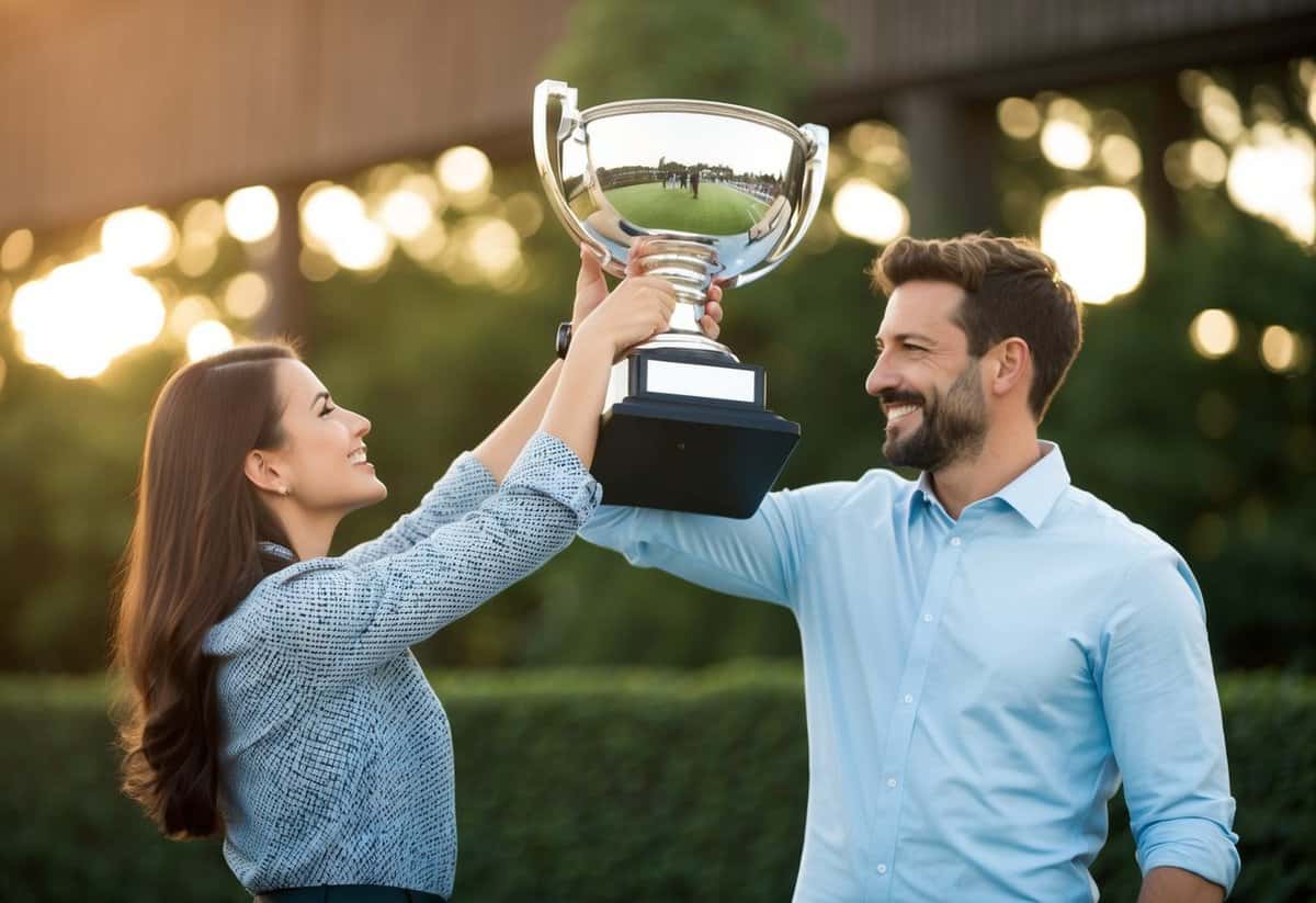 A person holding up a shining trophy, while their partner stands beside them with a proud and supportive smile