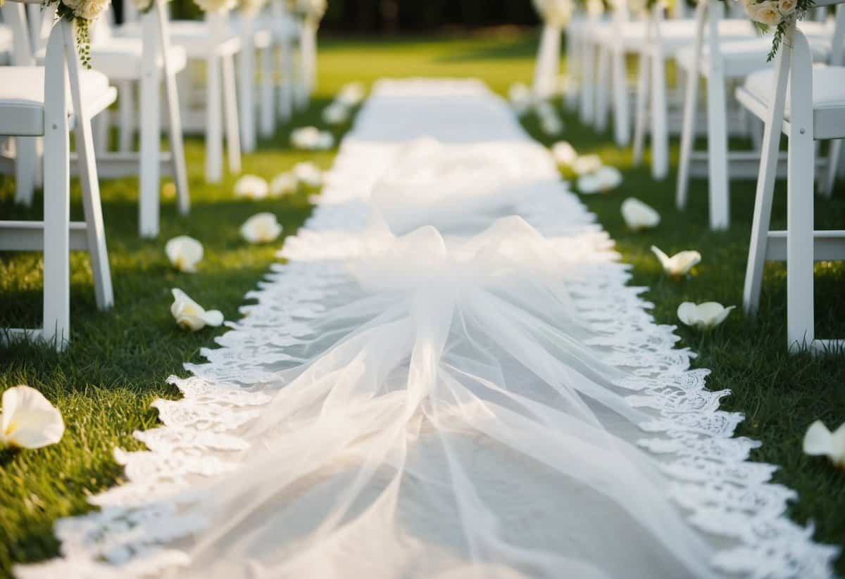 A sheer voile wedding aisle runner unfurls along a sun-dappled path, adorned with delicate lace details and gently swaying in the breeze