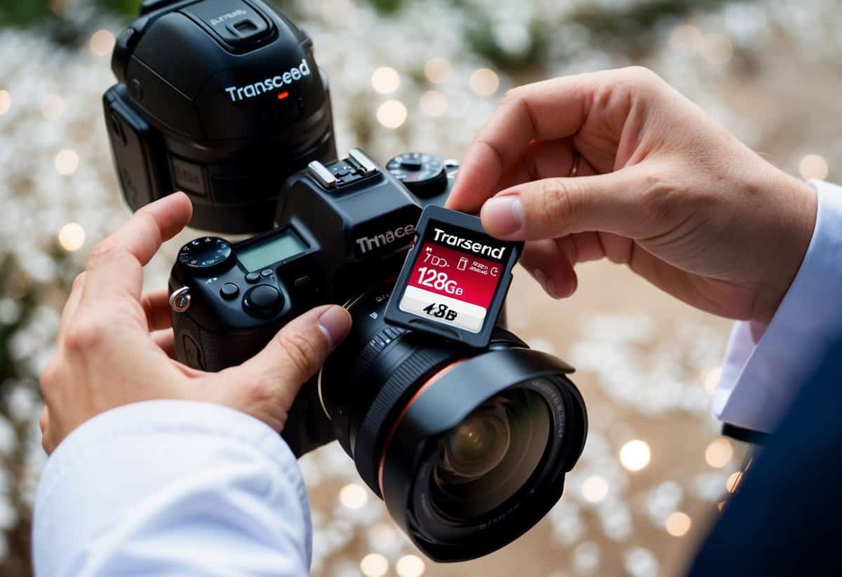 A wedding photographer's hands inserting a Transcend 700S 128GB SD card into a camera