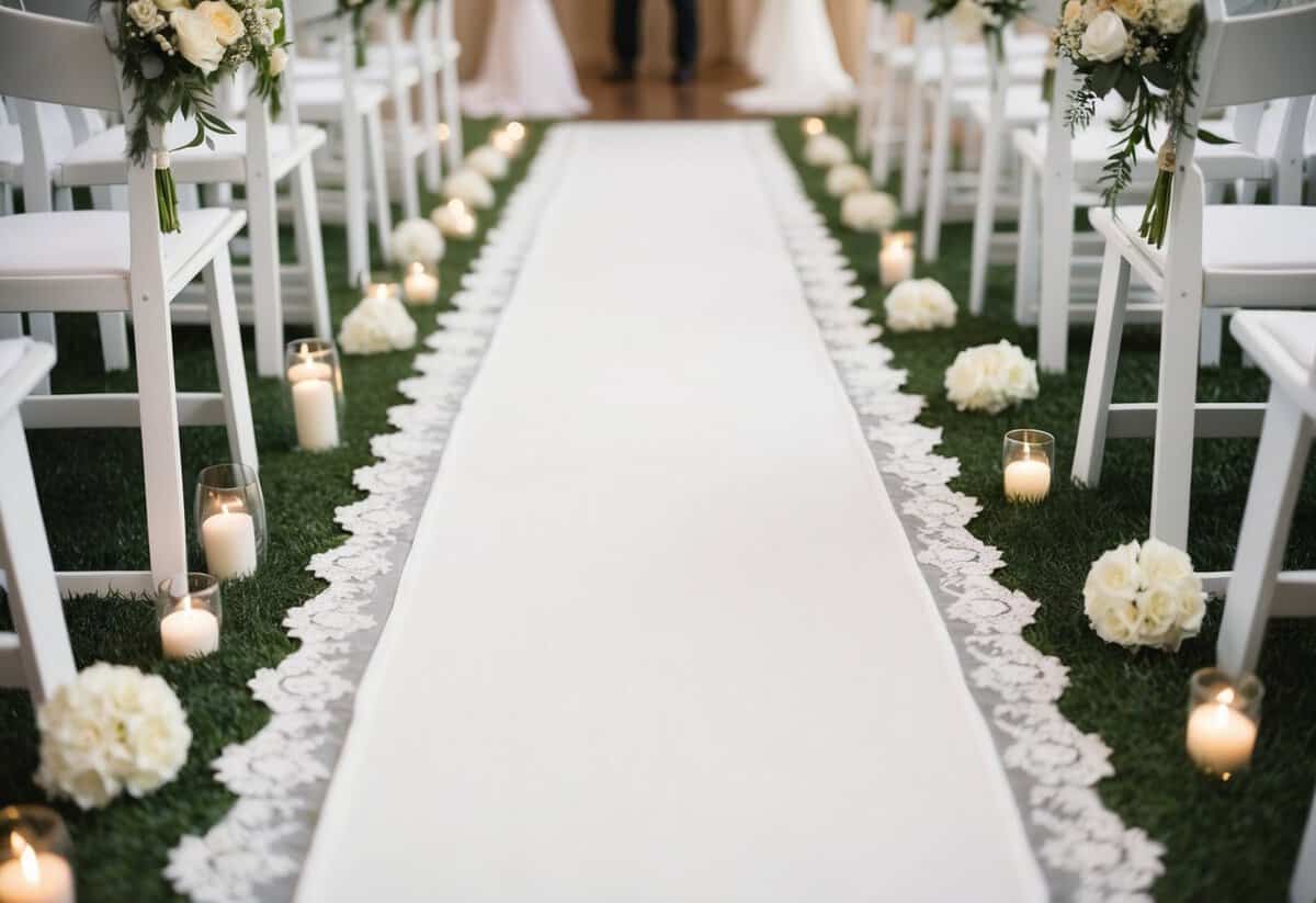 A white linen aisle runner with delicate lace trim rolls out along the center of a flower-adorned wedding aisle